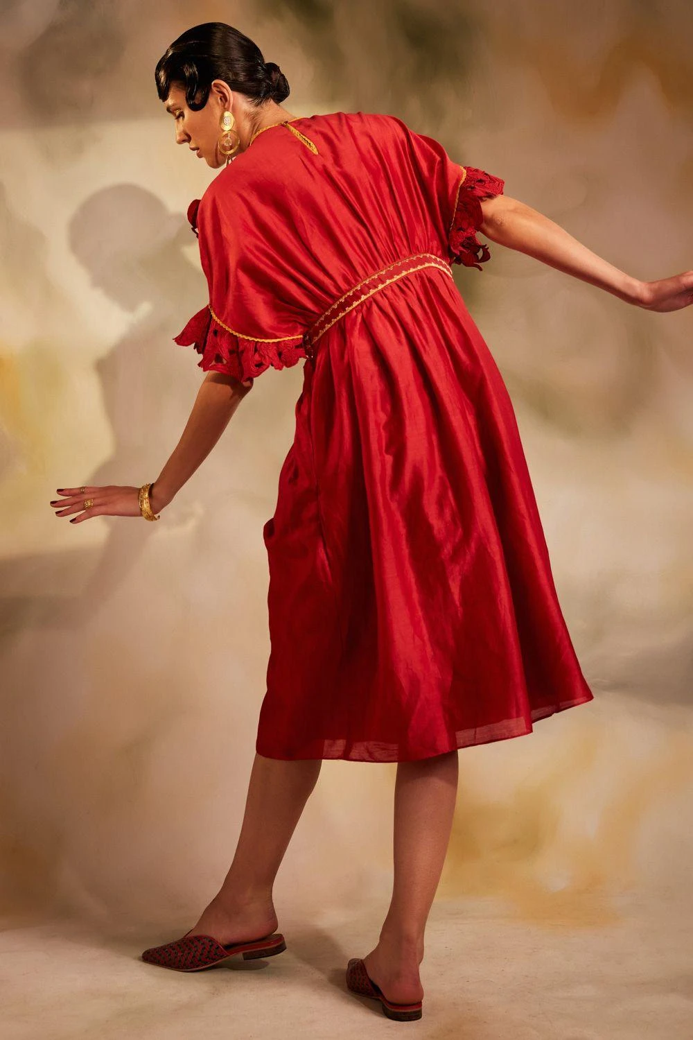 Chandrima Red Chanderi Smocked Beadwork Dress 5 Chandrima Red Chanderi Smocked Beadwork Dress - Image 3