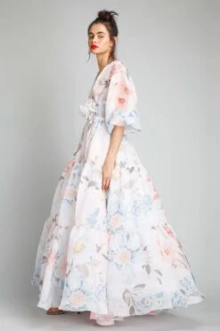 Gauri & Nainika V Neck Pouf Sleeves Peasant Maxi Gown -Deals Toggora Store gn gwn fw21 10 3