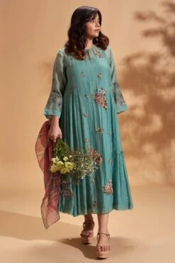 Half Full Curve Floral Cluster Panel Dress