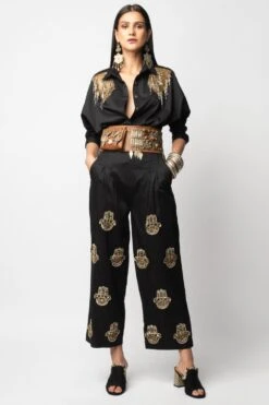Heirloom By Rara Avis Black Trousers With Embroidered Hamsa Motifs