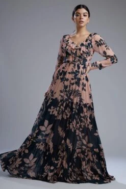 KoAi Chiffon Pink & Teal Floral Dress