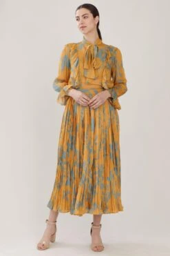 KoAi Mustard & Blue Floral Pleated Skirt