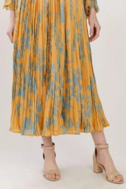 KoAi Mustard & Blue Floral Pleated Skirt -Deals Toggora Store koss21023 3