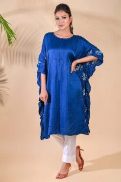 Blue Silk Kaftan With Lotus Bandhni Motifs
