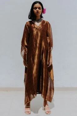 Mimamsaa Rose Gold Tissue Silk Kaftan