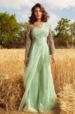 Ridhima Bhasin Aqua Embroidered Sharara Set With Drape