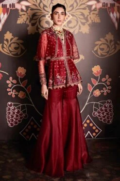 Ridhi Mehra Burgundy Embroidered Cape & Sharara Set -Deals Toggora Store rmct 17 2