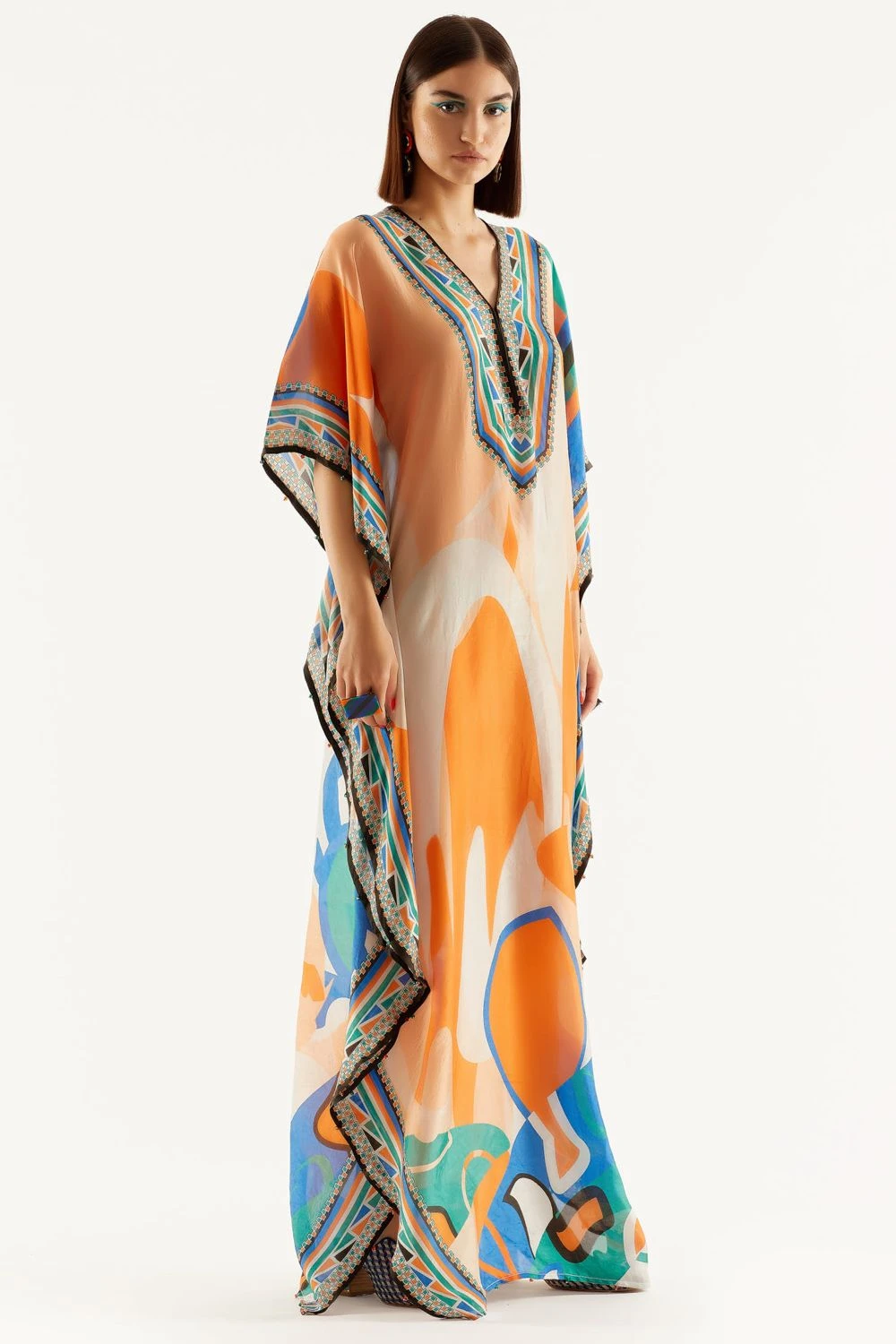Rajdeep Ranawat Orange V Neck Printed Kaftan 4 Rajdeep Ranawat Orange V Neck Printed Kaftan - Image 2