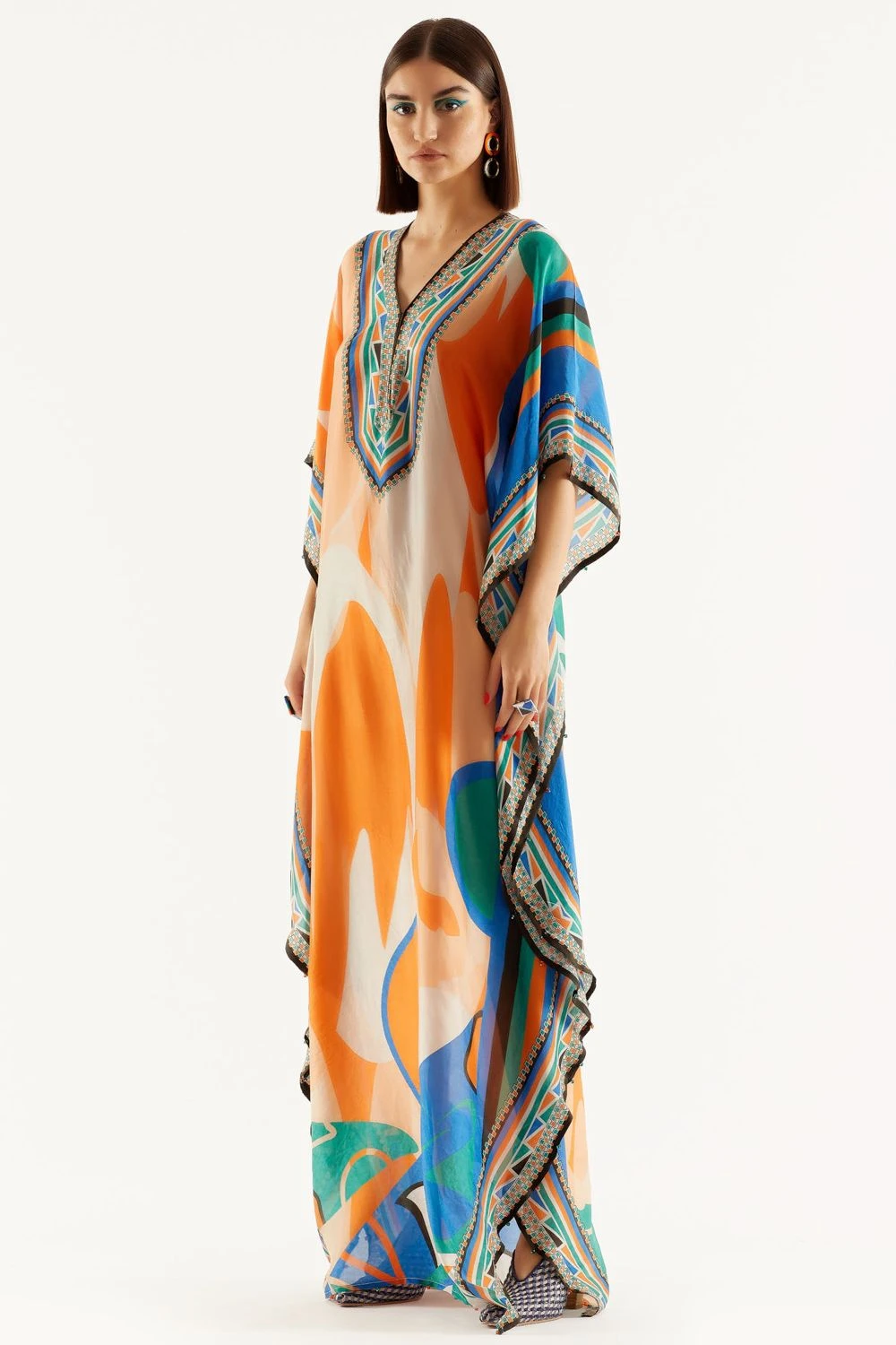 Rajdeep Ranawat Orange V Neck Printed Kaftan 5 Rajdeep Ranawat Orange V Neck Printed Kaftan - Image 3