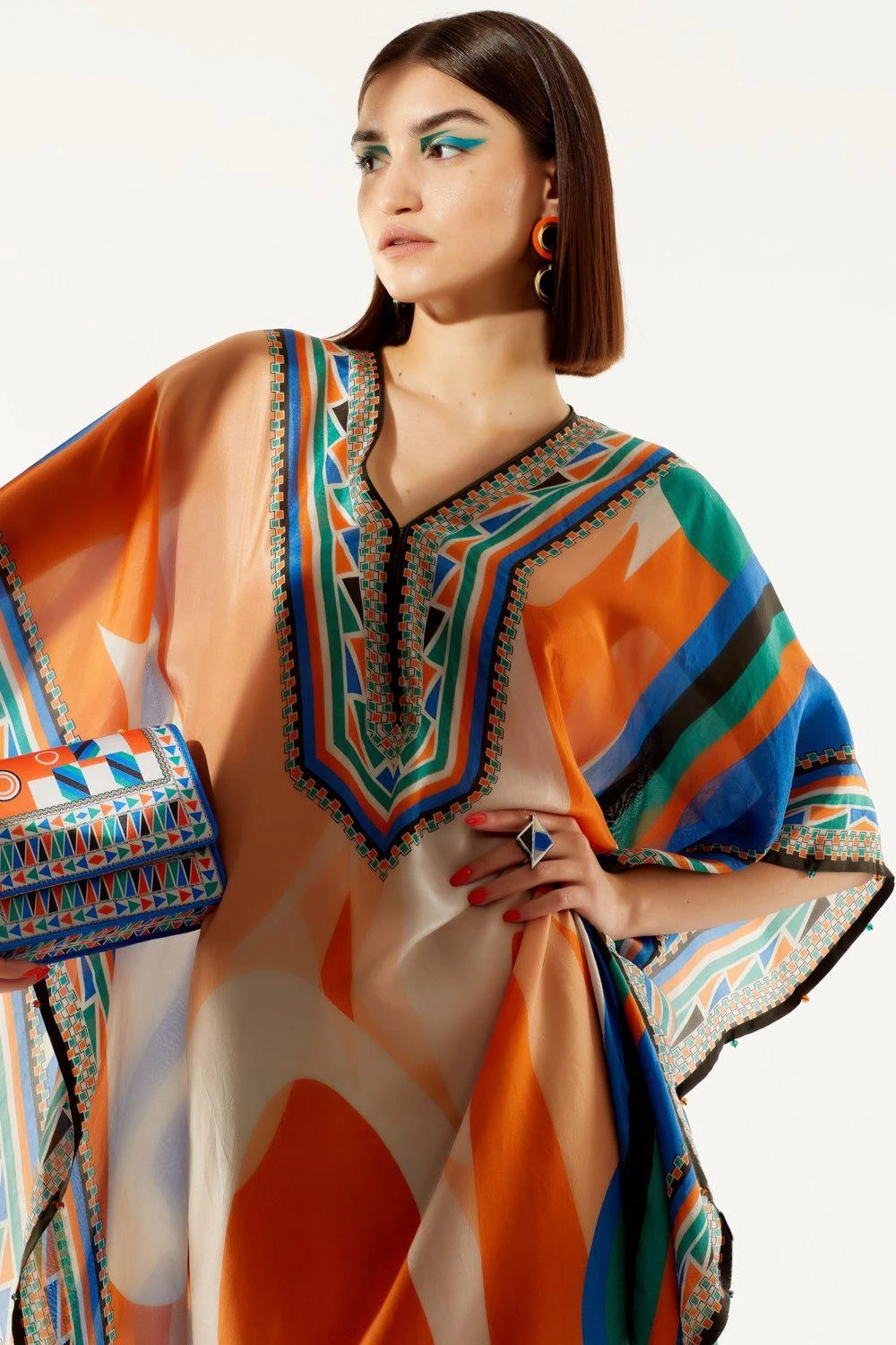 Rajdeep Ranawat Orange V Neck Printed Kaftan 6 Rajdeep Ranawat Orange V Neck Printed Kaftan - Image 4
