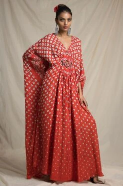 Rajdeep Ranawat Bandhni Printed Kaftan With A Belted Empire