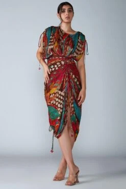 Saaksha & Kinni Brown Avian Printed Sari Dress