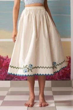 Ikai Ivory Midi Skirt With Floral Applique Details