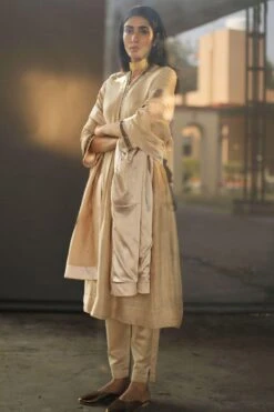 Shorshe Beige Chanderi Stole With Zardosi Embroidery