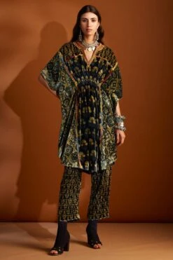 Sunira Designs Mustard Ajrak Hand-block Printed Velvet Kaftan