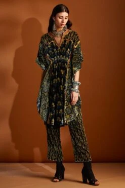 Sunira Designs Mustard Ajrak Hand-block Printed Velvet Kaftan -Deals Toggora Store v2107a 3