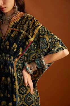 Sunira Designs Mustard Ajrak Hand-block Printed Velvet Kaftan -Deals Toggora Store v2107a 4